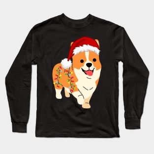 Corgi Holiday Christmas Light - Funny Corgi Lights Christmas in Santa Hat Holiday Santa Long Sleeve T-Shirt